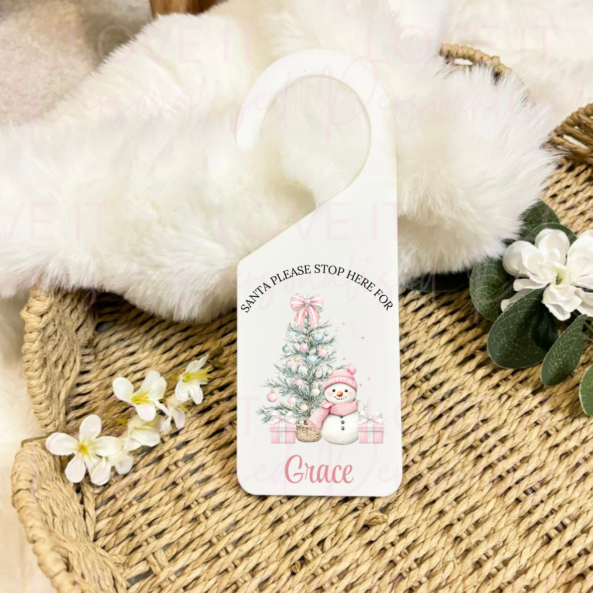 Personalised Santa Stop Here Door Hanger - Snowman Pink/Blue Design