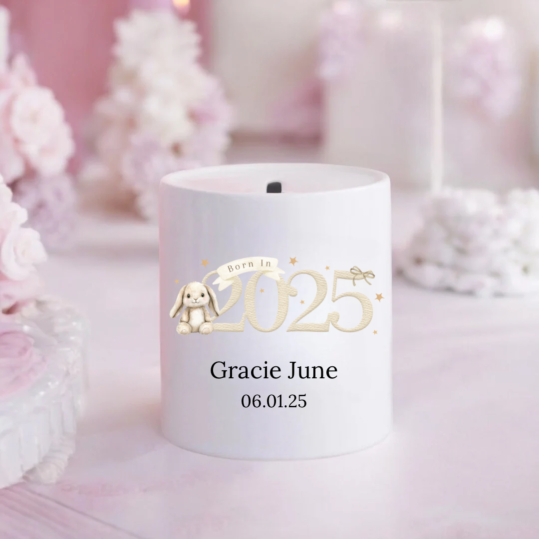 Personalised Beige Born in 2025 Bunny Money Box