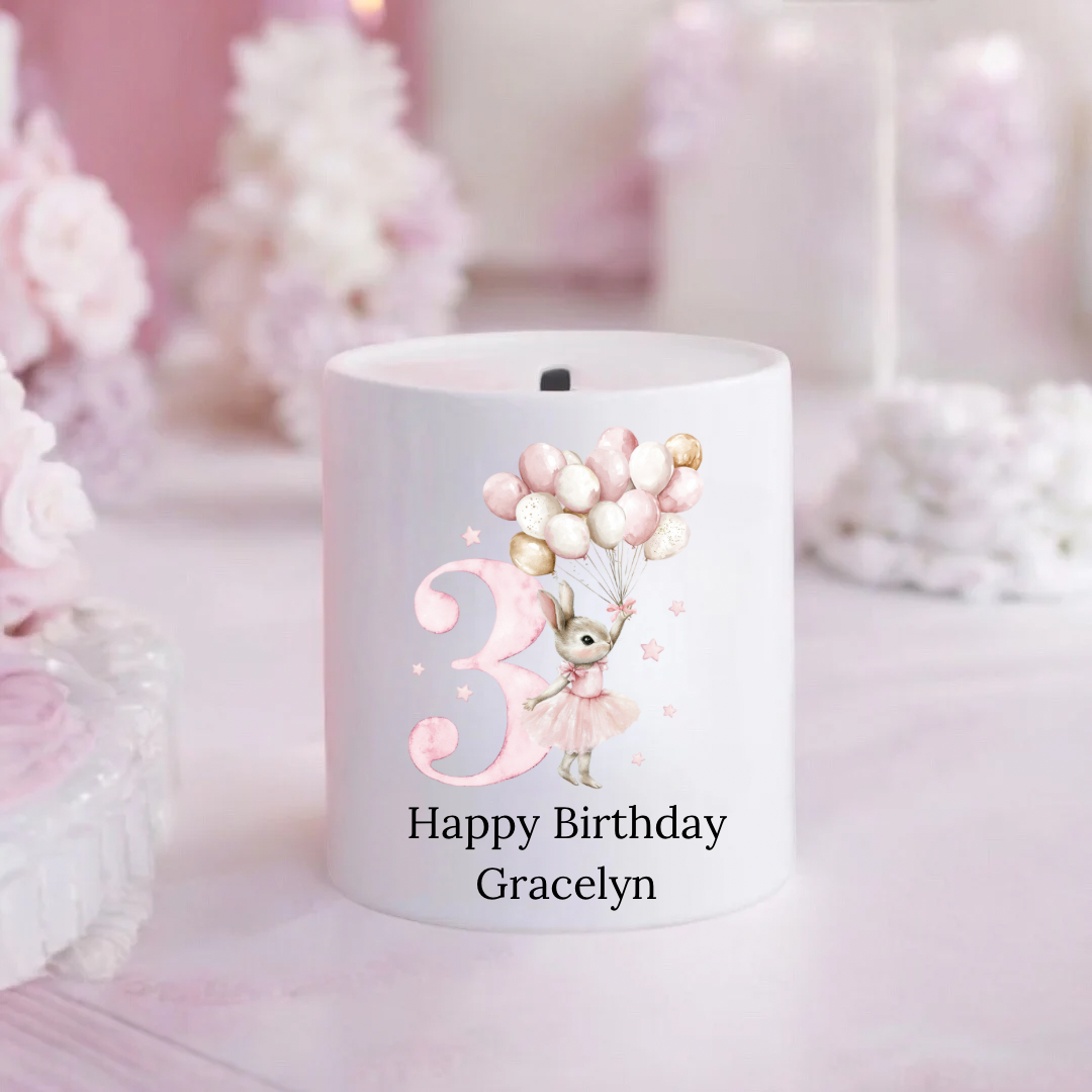 Personalised Birthday Money Box - Pink Rabbit Design
