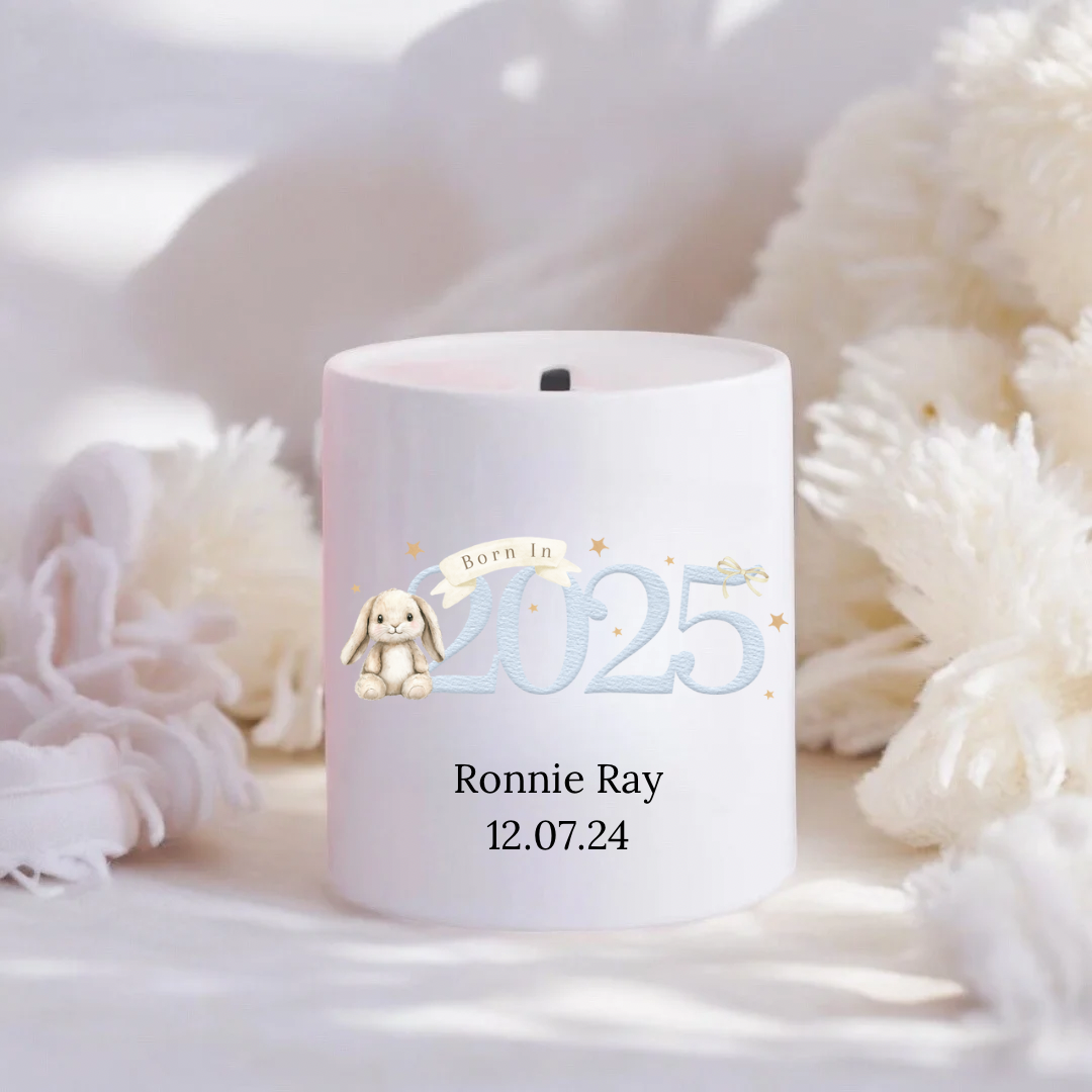 Personalised Blue Born in 2025 Bunny Money Box