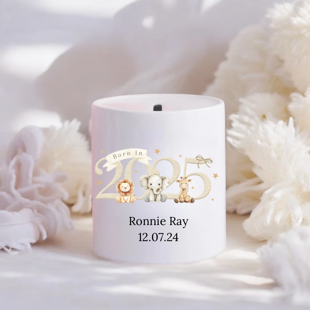 Personalised Born in 2025 Safari Animal Money Box