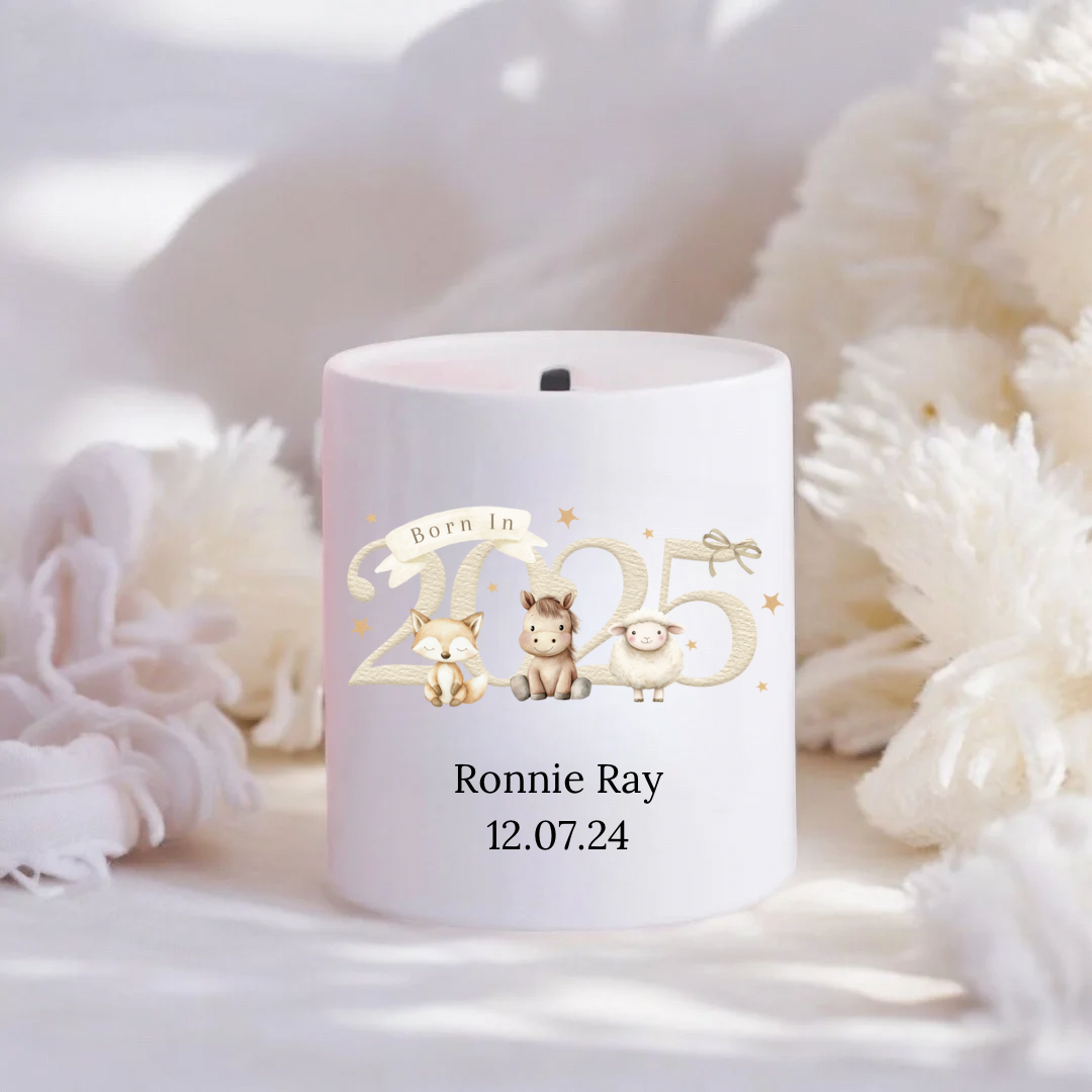 Personalised Born in 2025 Woodland Animal Money Box