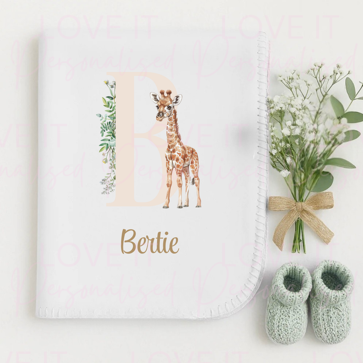 Personalised Giraffe White Baby Blanket