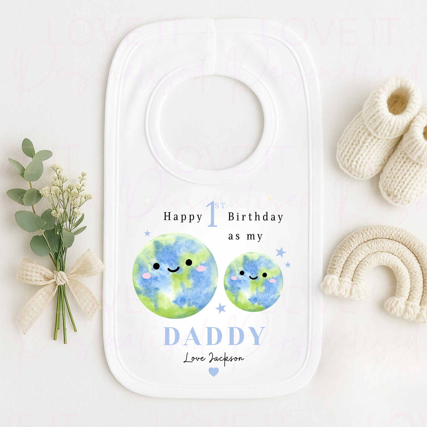 Personalised 1st Birthday as a Daddy Bib - Pink/Blue