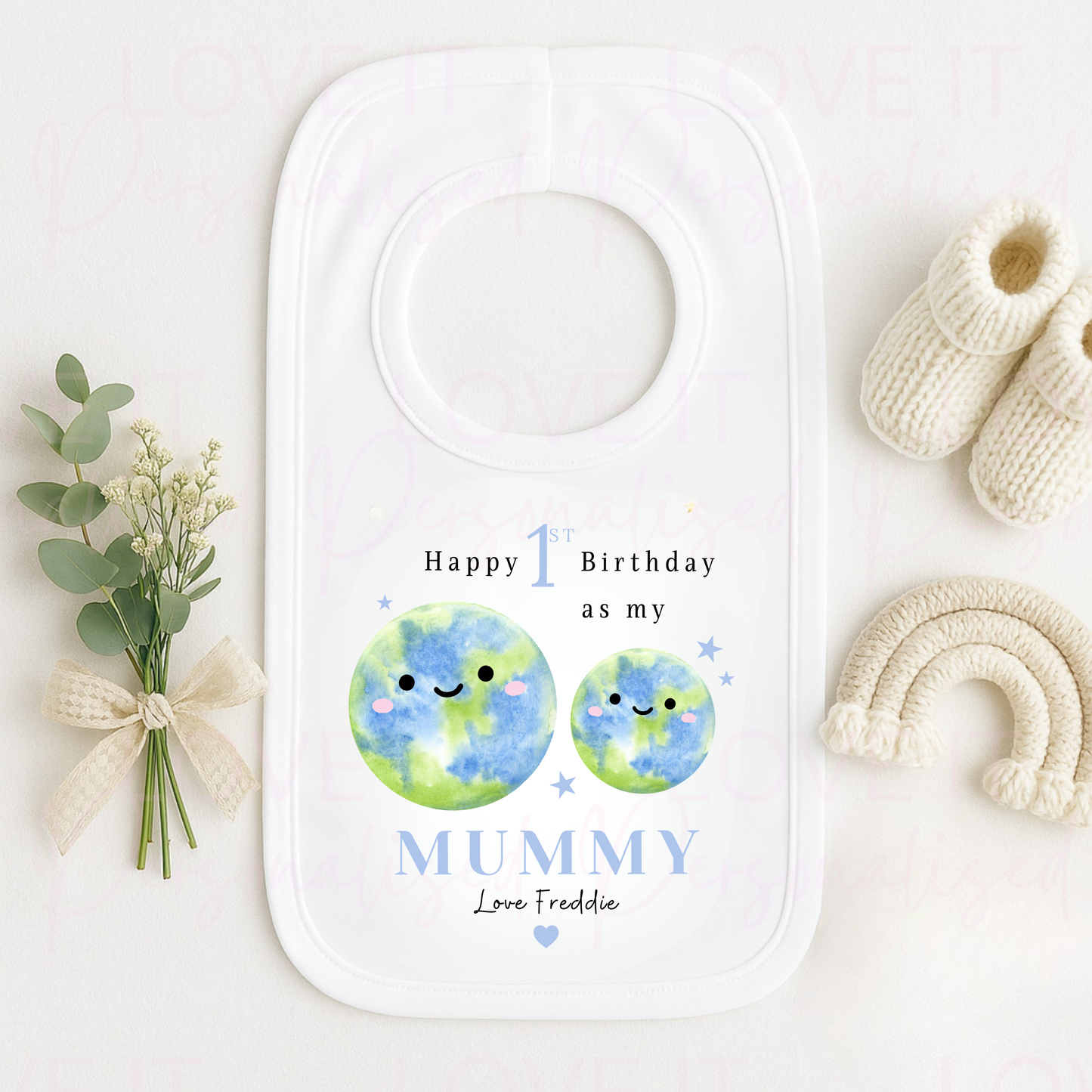Personalised 1st Birthday as a Mummy Bib - Pink/Blue