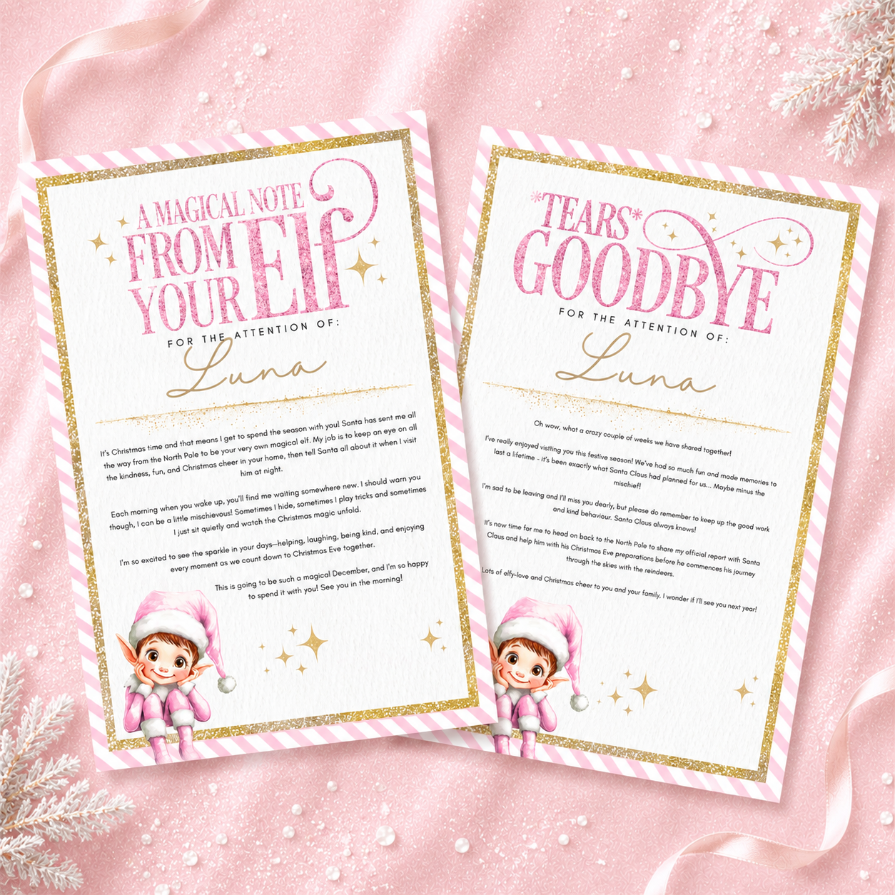 Personalised Elf Arrival/Goodbye Pink Letter