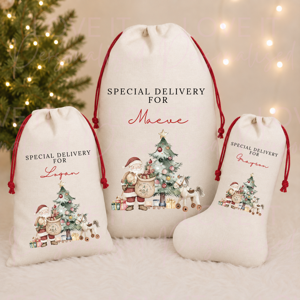 Personalised Santa Christmas Linen Stocking/Sack