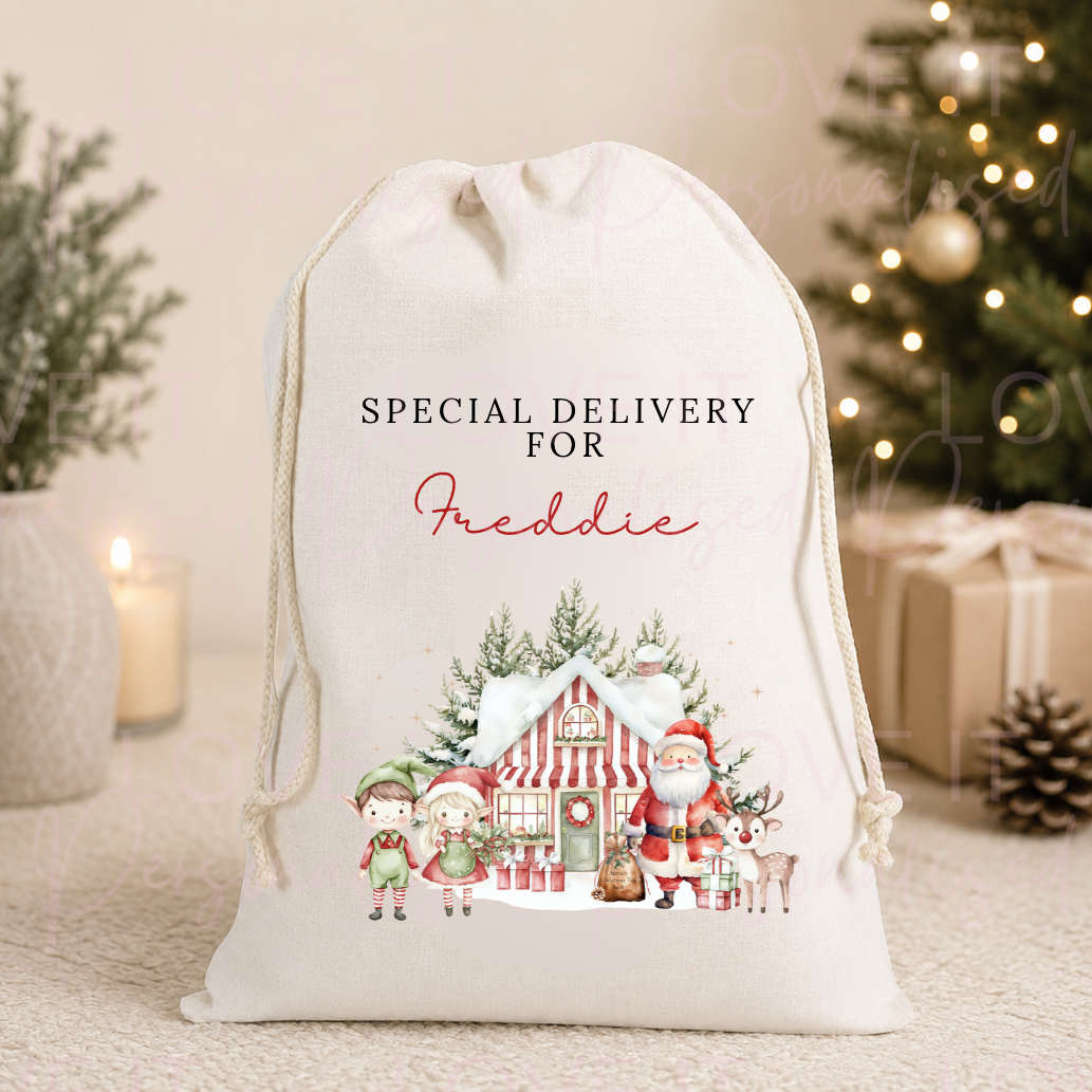 Personalised Santa Grotto Christmas Linen Stocking/Sack