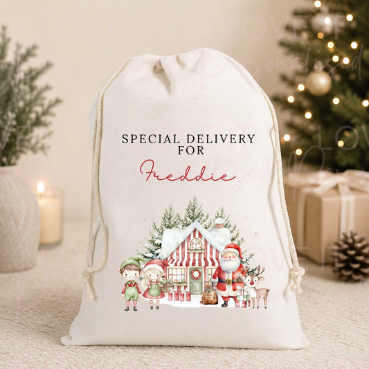 Personalised Santa Grotto Christmas Linen Stocking/Sack