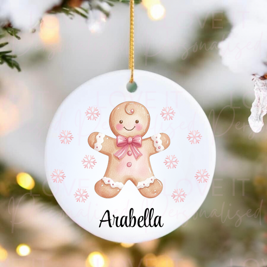 Personalised Christmas Ceramic Ornament - Pink/Blue Gingerbread Design