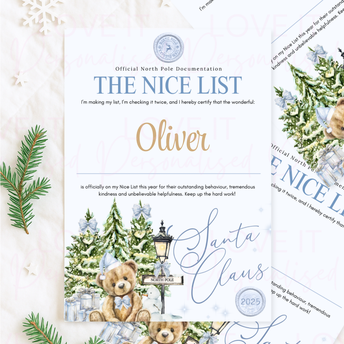 Personalised Nice List Red/Pink/Blue Bear Certificate