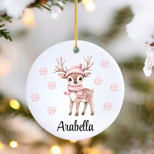 Personalised Christmas Ceramic Ornament - Pink/Blue Baby Reindeer Design