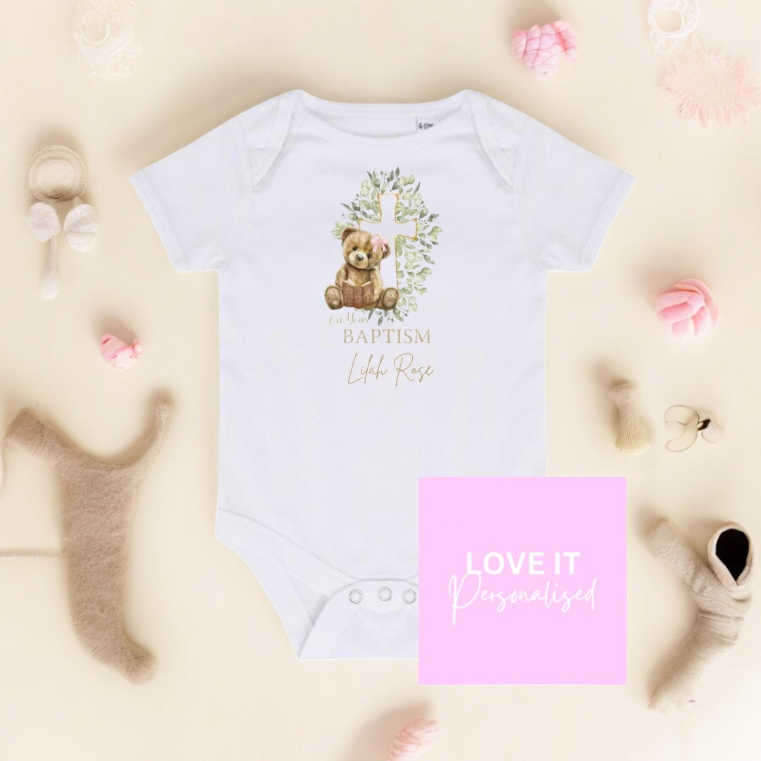 Personalised Baptism Bodysuit/Babygrow - Pink Bow Bear Cross Design