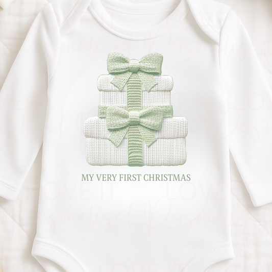 First Christmas/Favourite Present Sage Knitted Effect Baby Bodysuit - Short/Long Sleeve