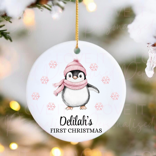 Personalised First Christmas Ceramic Ornament - Pink/Blue Penguin Design