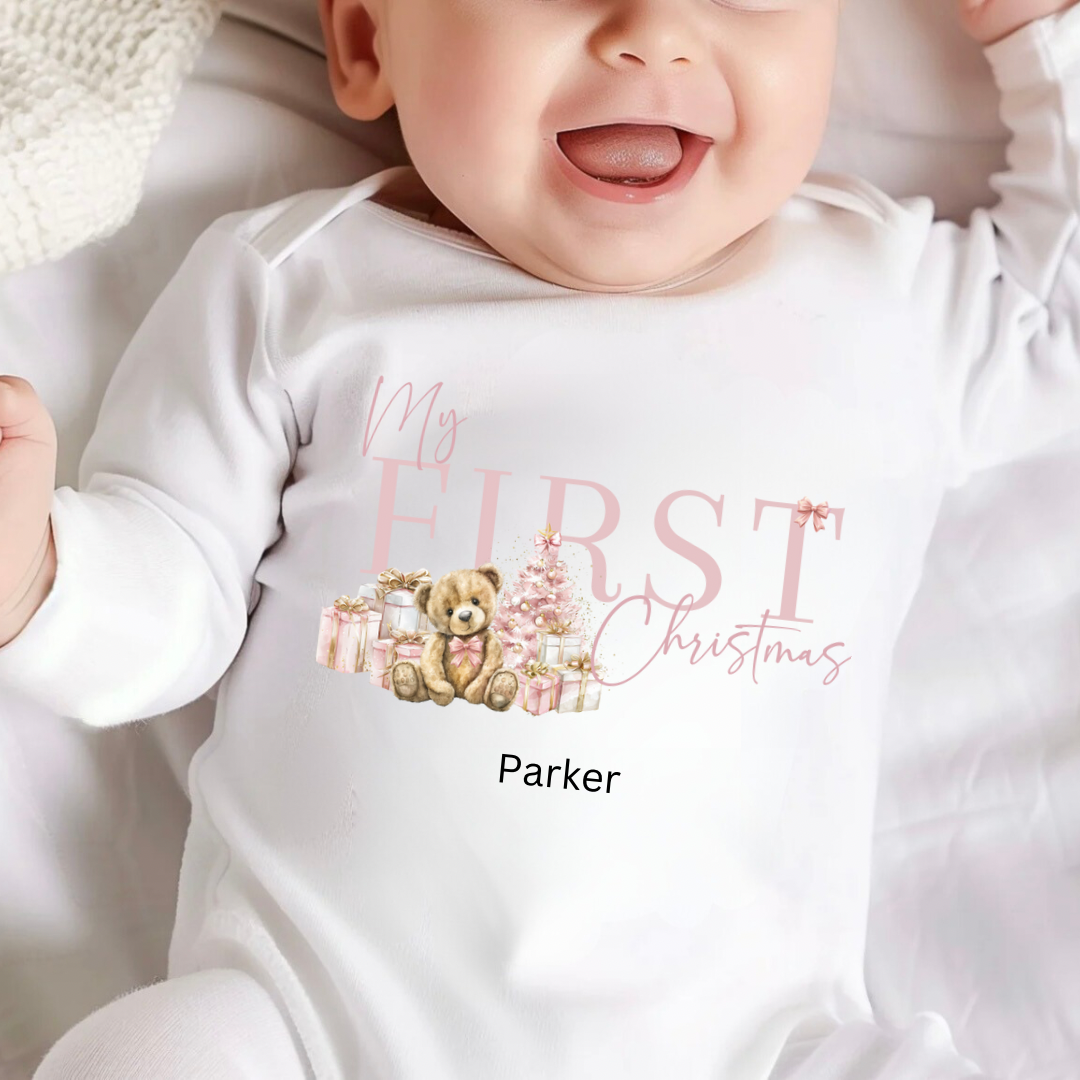 Personalised Christmas Bodysuit/Babygrow - Pink 1st Christmas Bear Design