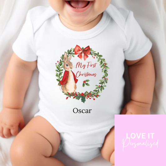 Personalised Christmas Bodysuit/Babygrow - 1st Christmas Rabbit Design