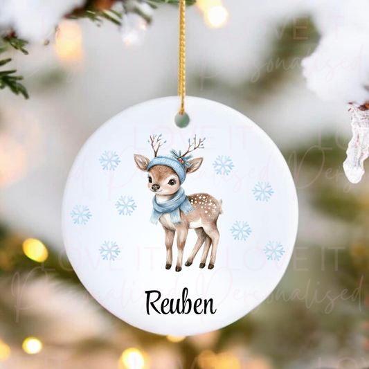 Personalised Christmas Ceramic Ornament - Pink/Blue Reindeer Design