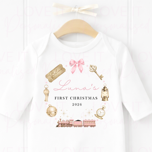 Personalised My First Christmas Train Bib/Bodysuit/Sleepsuit - Pink/Navy/Red