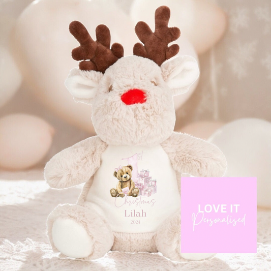 Personalised Reindeer Teddy - Pink Bear 1st Christmas Design