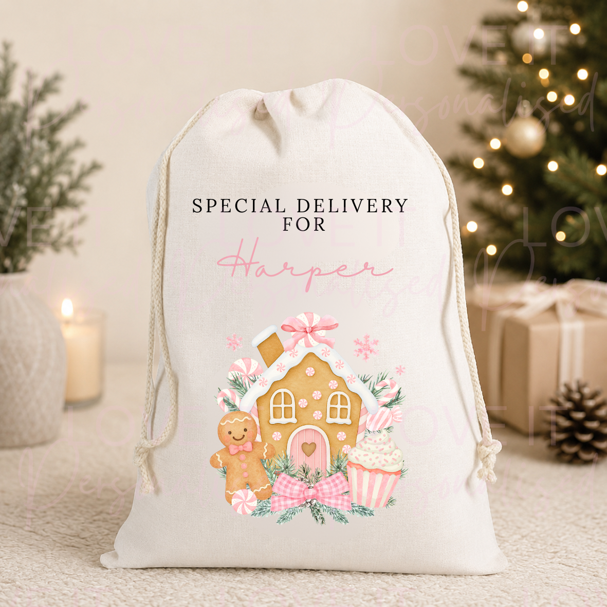 Personalised Christmas Gingerbread Stocking/Sack