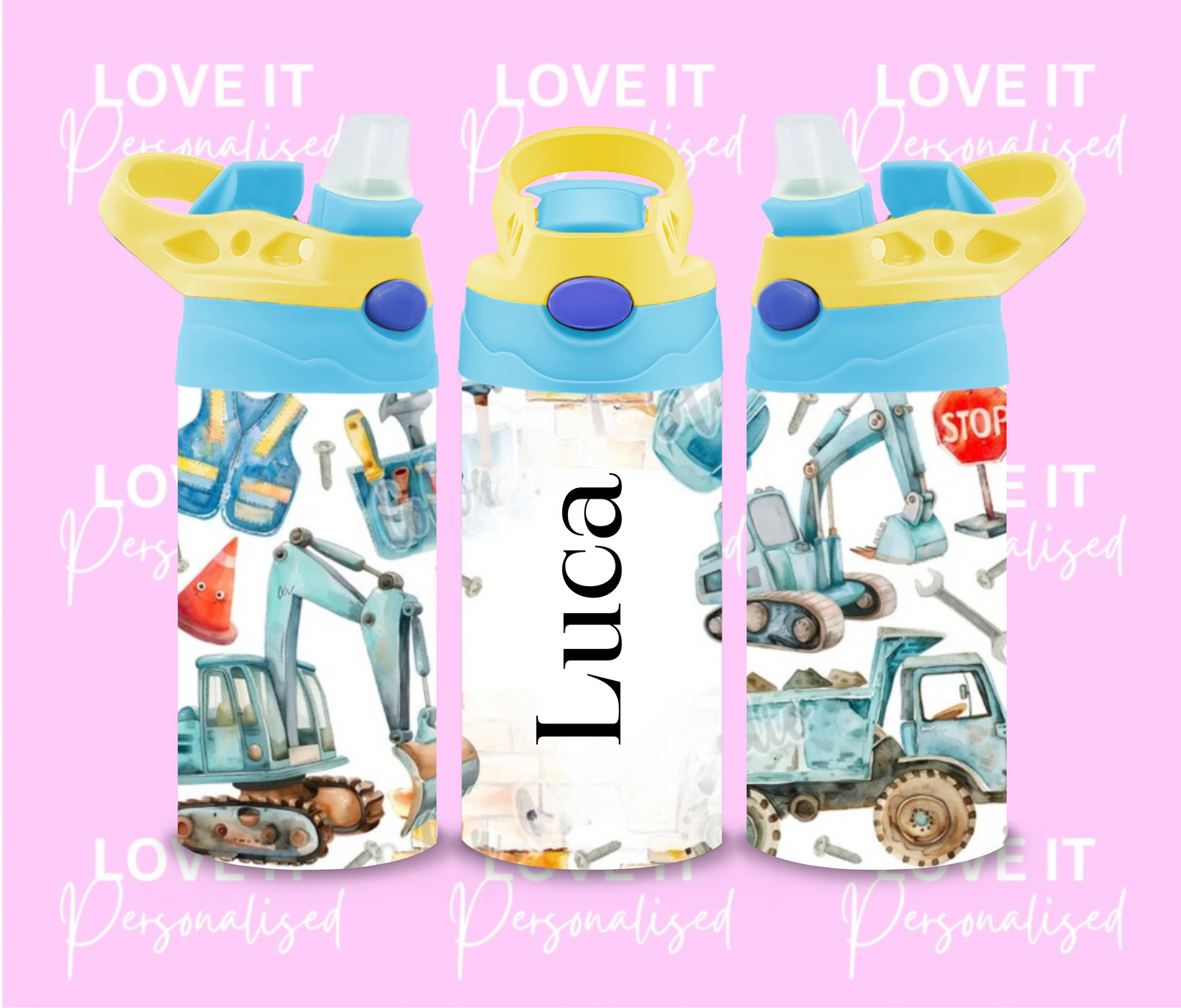 Personalised Digger Children’s Water Bottle (different lid colours)