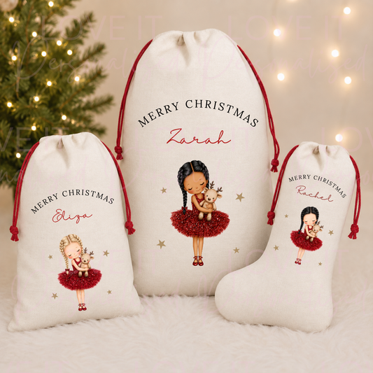 Personalised Girls Christmas Stocking/Sack - Different Hair/Skin Tone