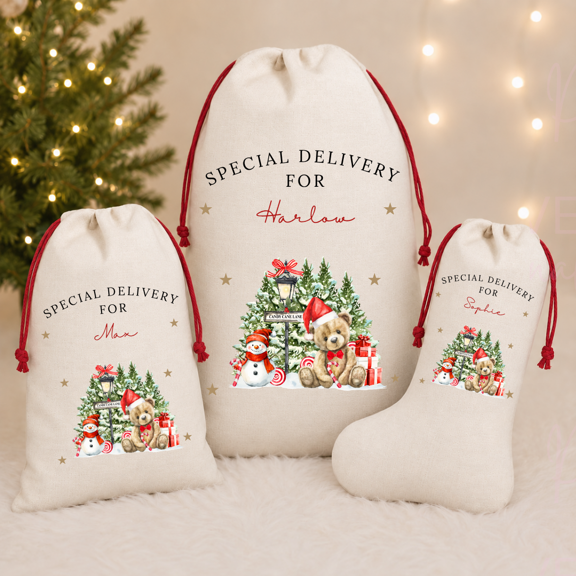 Personalised Christmas Red Bear Stocking/Sack
