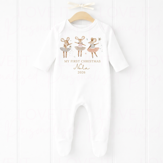 Personalised First Christmas Girl Mouse Bib/Bodysuit/Sleepsuit