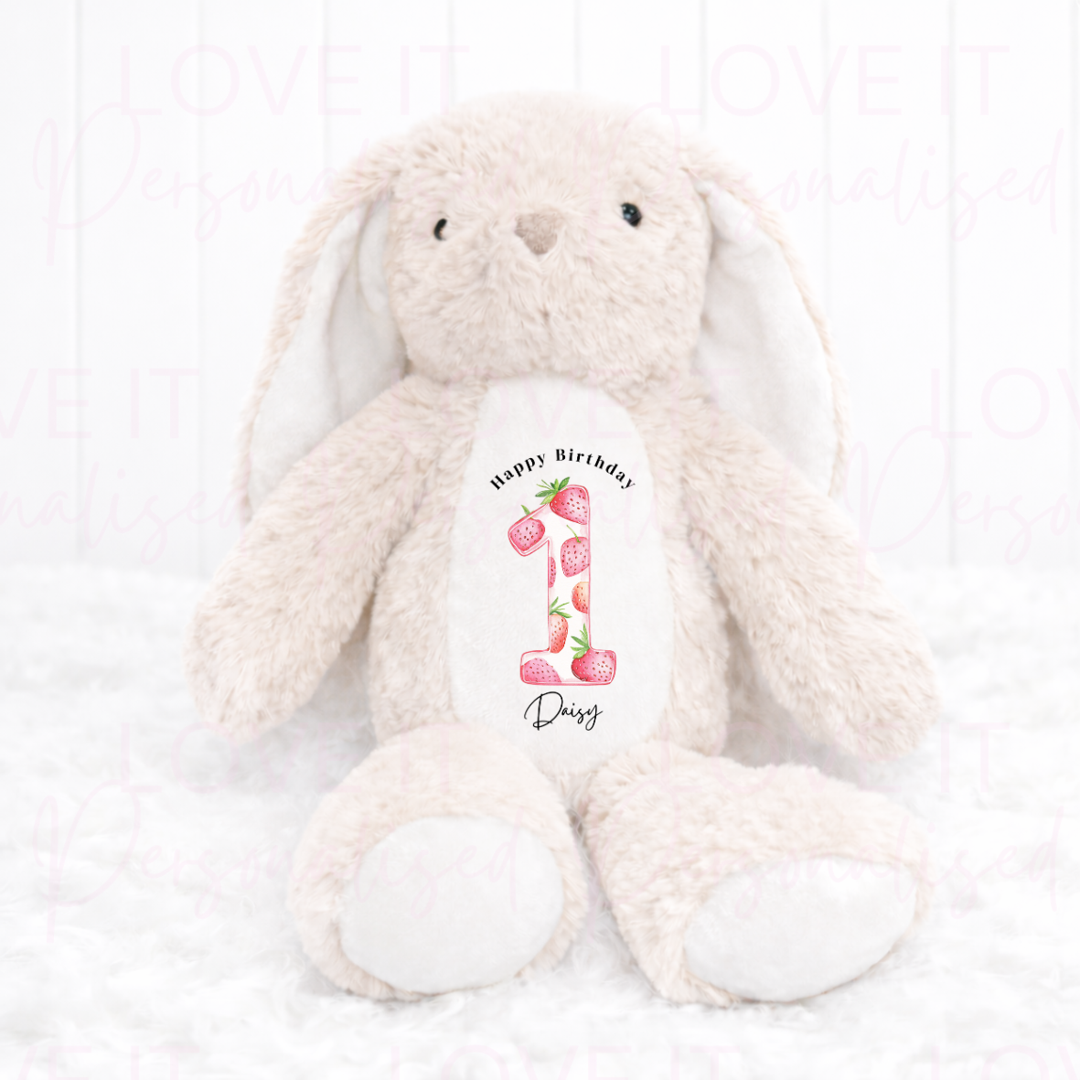 Personalised Strawberry Birthday Bunny Teddy - 1/2/3 Birthday Gift