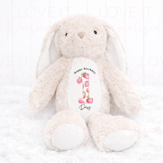 Personalised Strawberry Birthday Bunny Teddy - 1/2/3 Birthday Gift