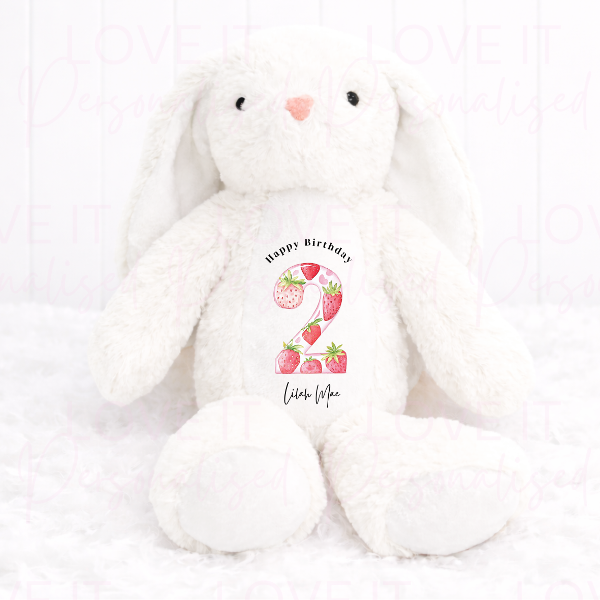 Personalised Strawberry Birthday Bunny Teddy - 1/2/3 Birthday Gift