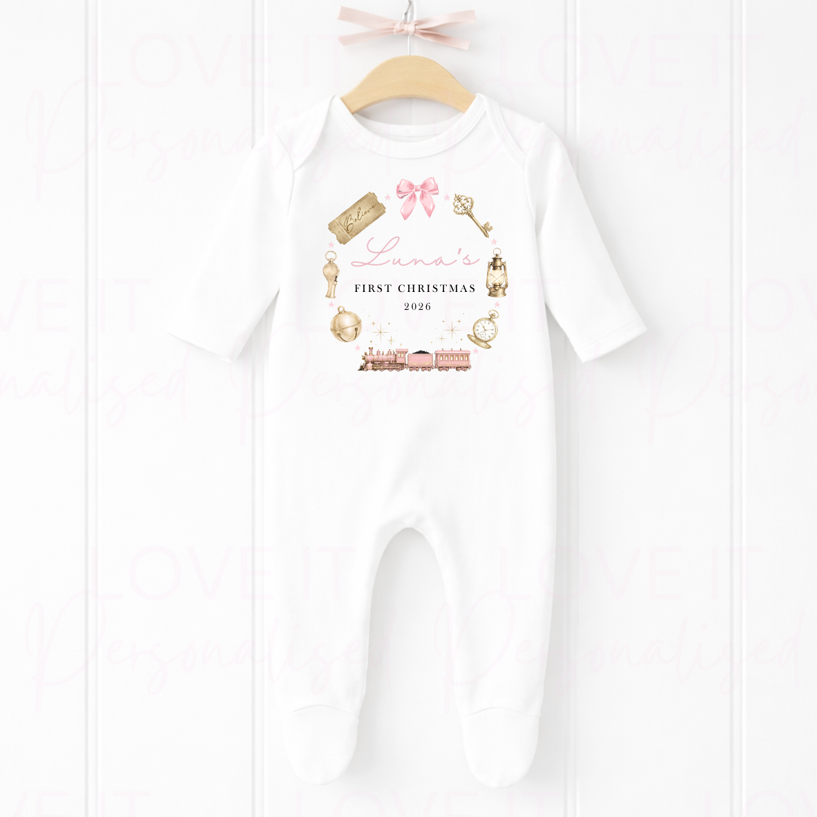 Personalised My First Christmas Train Bib/Bodysuit/Sleepsuit - Pink/Navy/Red