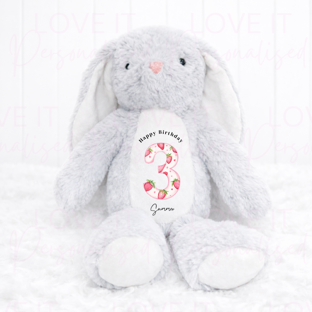 Personalised Strawberry Birthday Bunny Teddy - 1/2/3 Birthday Gift