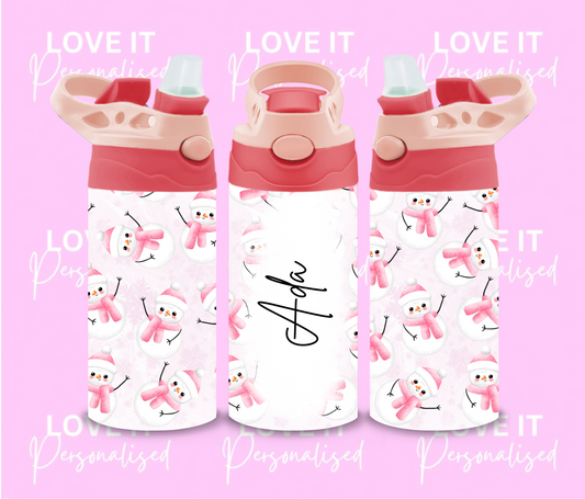 Personalised Christmas Water Bottle - Snowman Design (different lid colours)