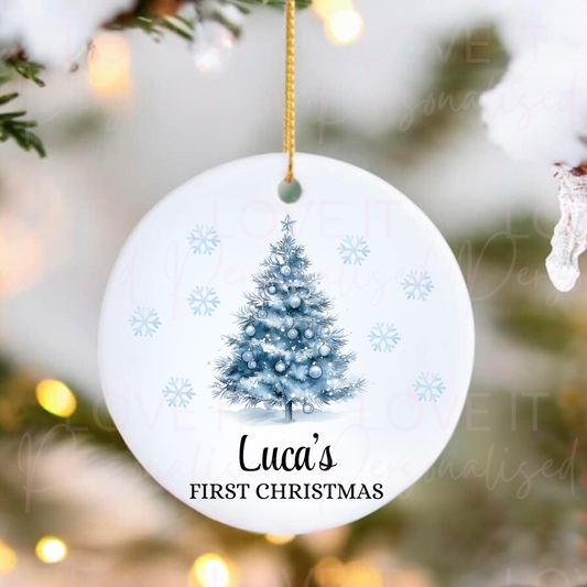 Personalised First Christmas Ceramic Ornament - Pink/Blue Tree Design