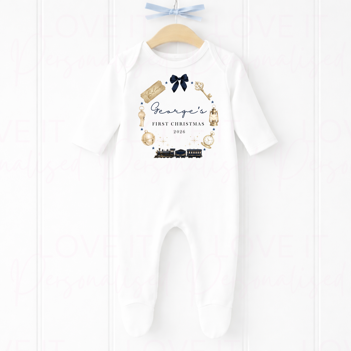Personalised My First Christmas Train Bib/Bodysuit/Sleepsuit - Pink/Navy/Red