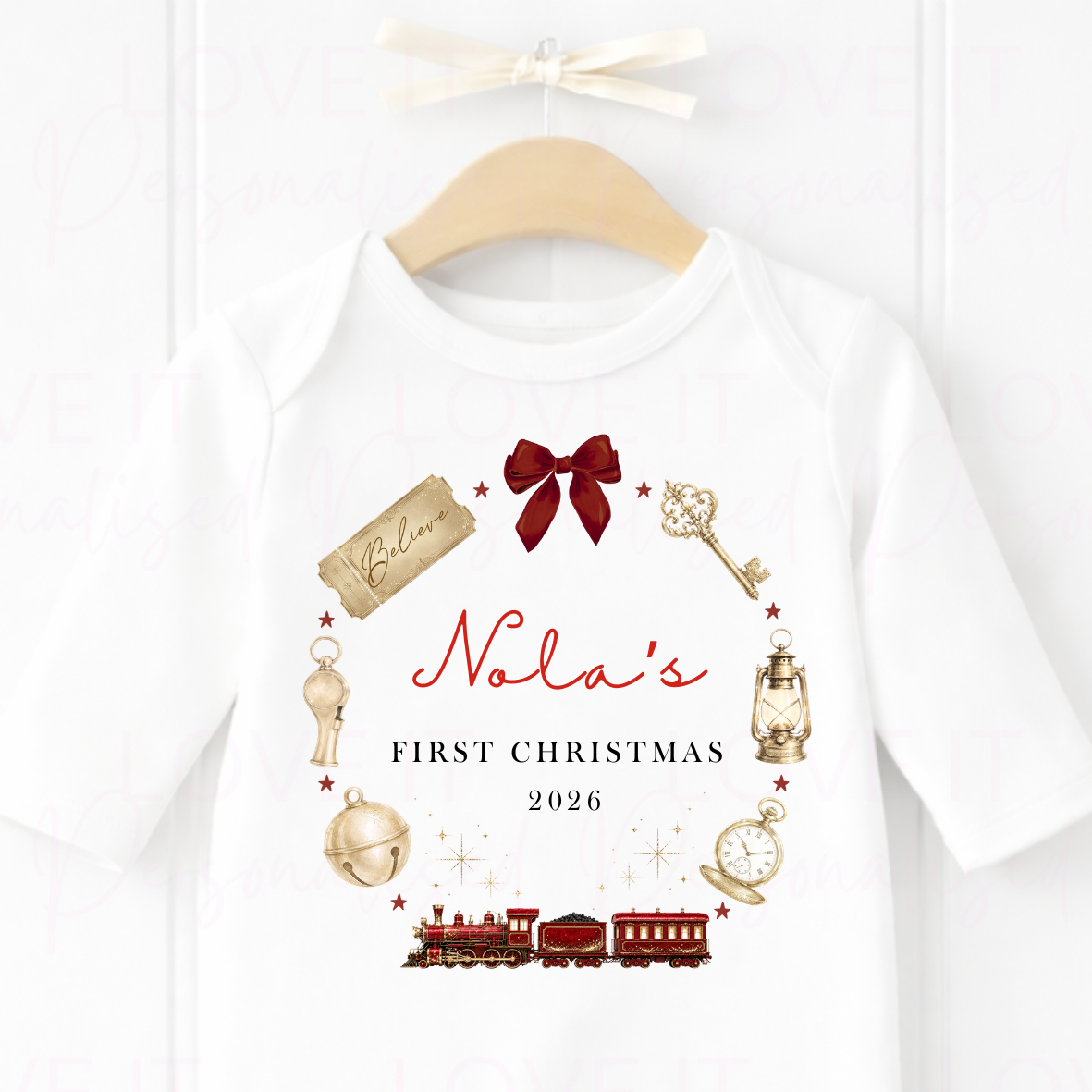 Personalised My First Christmas Train Bib/Bodysuit/Sleepsuit - Pink/Navy/Red