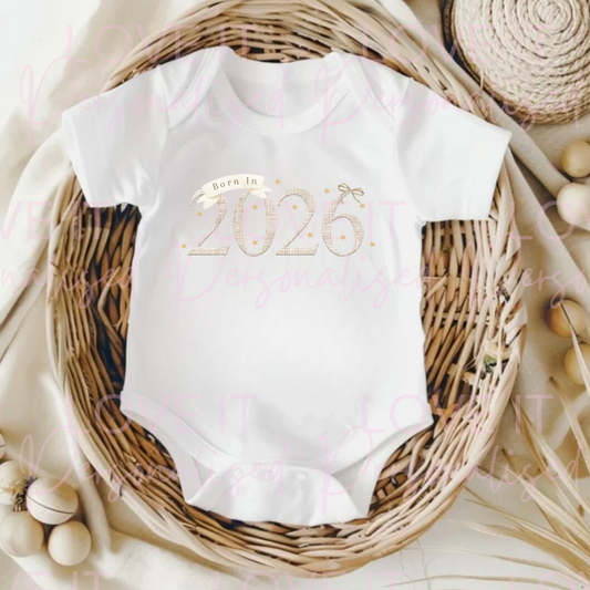 Born In 2026 Beige Baby/Pregnancy Announcement Baby Bodysuit