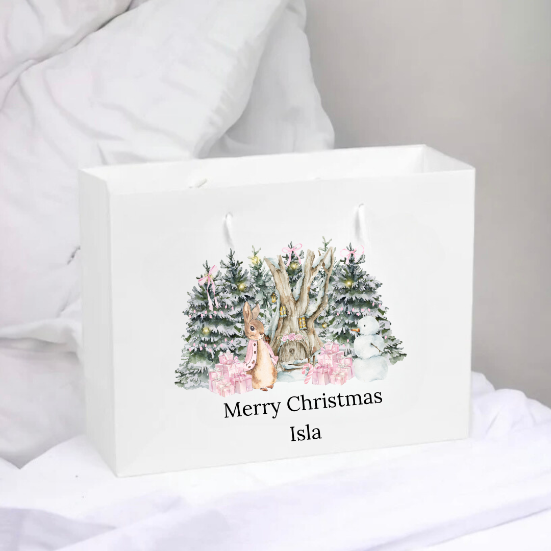 Personalised Christmas Gift Bag - Pink Or Blue Rabbit Design