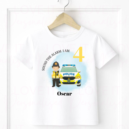 Personalised Sound The Alarm I Am… Police Design  Birthday T-Shirt