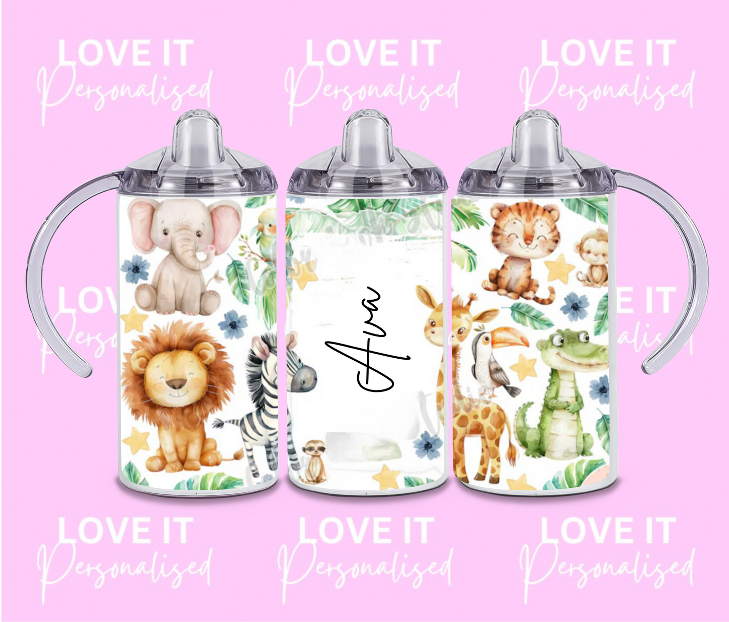 Personalised Children's Safari Sippy Cup (two Lids)