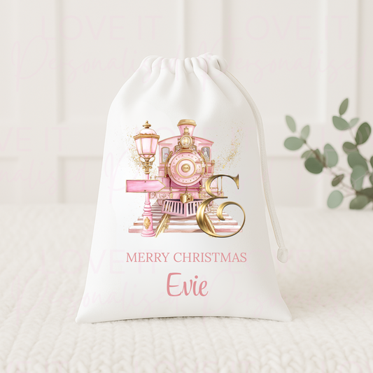 Personalised Christmas Eve Bag - Pink/Blue Train Initial Design
