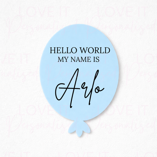 Personalised Blue Hello World Acrylic Balloon Baby Announcement Sign