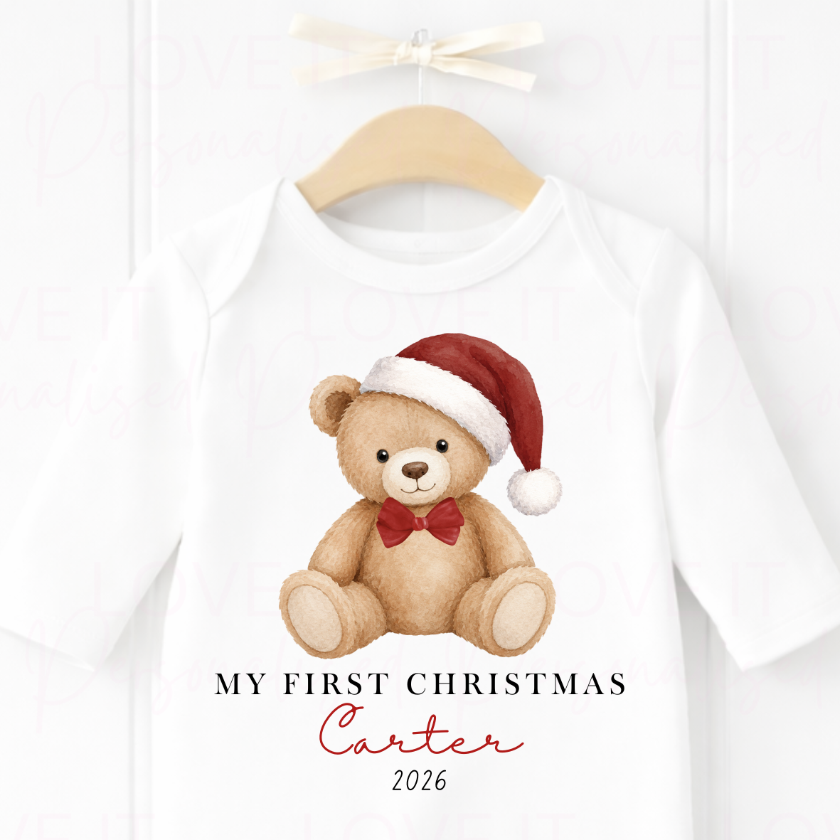 Personalised Bear First Christmas Bib/Bodysuit/Sleepsuit - Pink/Blue/Red