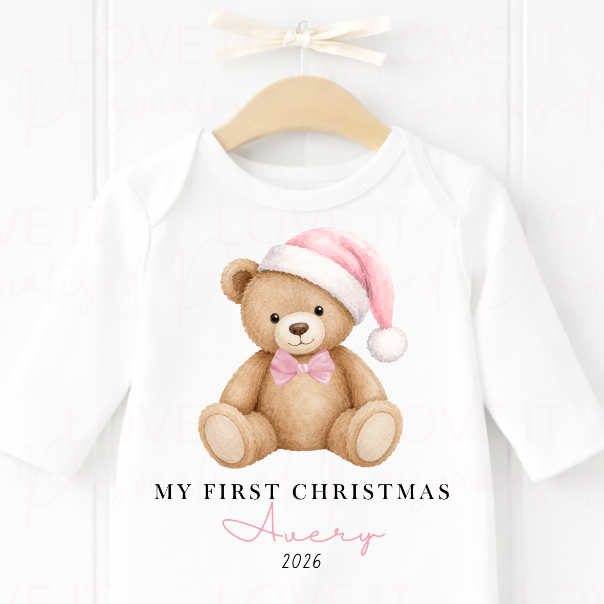 Personalised Bear First Christmas Bib/Bodysuit/Sleepsuit - Pink/Blue/Red