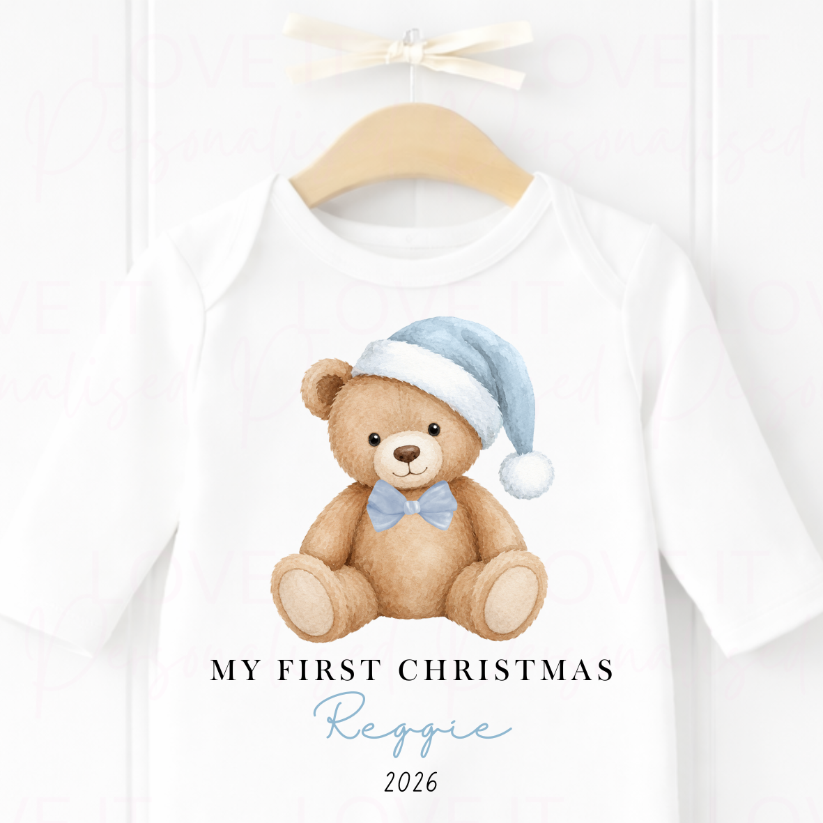 Personalised Bear First Christmas Bib/Bodysuit/Sleepsuit - Pink/Blue/Red