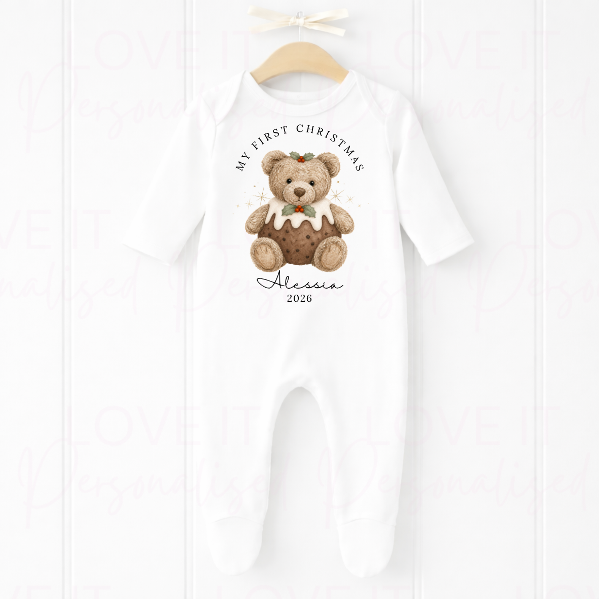 Personalised Bear Pudding First Christmas Bib/Bodysuit/Sleepsuit