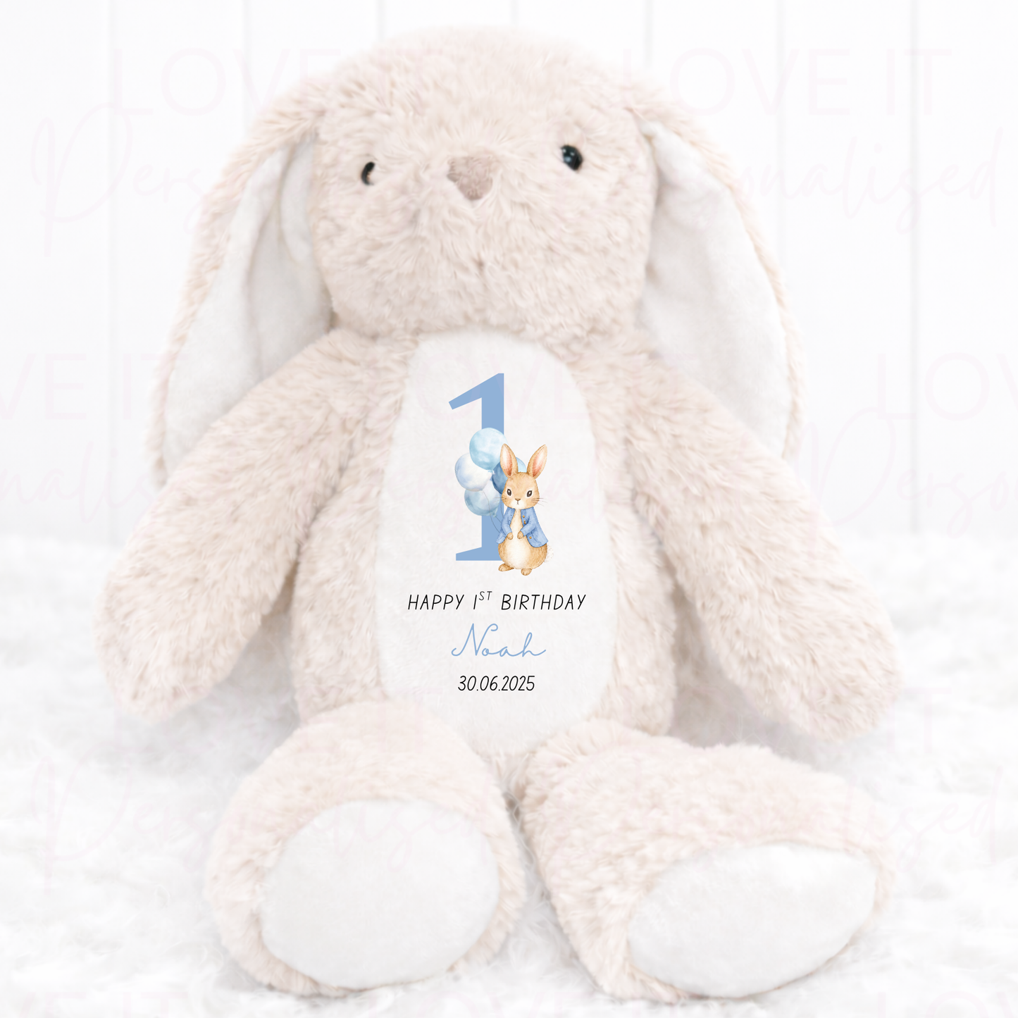 Personalised Birthday Bunny Teddy - Pink/Blue/Beige