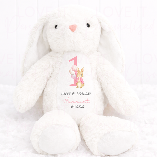 Personalised Birthday Bunny Teddy - Pink/Blue/Beige